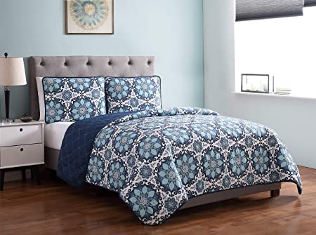 Morgan Home Printed 3 Piece Reversible Quilt Set with Shams – All Season Comfort, Available in, Colors & Sizes (Medallion Blue, Full/Queen)