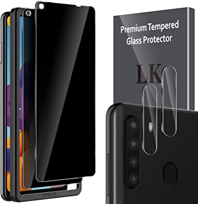 4 Pack LK 2 Pack Anti Spy Privacy Tempered Glass Screen Protector   2 Pack Camera Lens Protector for Samsung Galaxy A21, Tempered Glass, Easy Frame Installation HD Ultra-Thin, Anti-Scratch