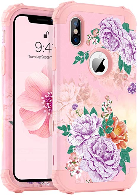 BENTOBEN Case Compatible iPhone X/XS, Shockproof Heavy Duty Rugged Protective Cases Cover for iPhone X iPhone 10 / iPhone Xs 5.8 inch, Floral/Pink