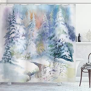 Ambesonne Winter Shower Curtain, Watercolor Painting Interpretation of a Snowy Scene and Blurred Pattern, Cloth Fabric Bathroom Decor Set with Hooks, 69" W x 70" L, Mauve Blue