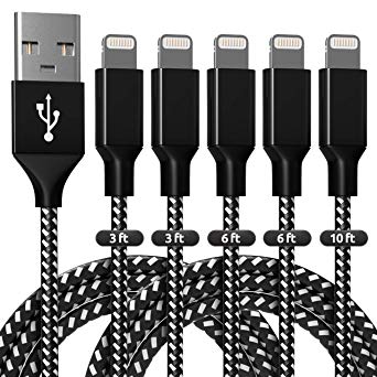 Fast Charging Cable Lightning Cable Quick Data Transmission Nylon Braided Charger 5 Pack 3ft 6ft 10ft Compatible with iPhone Xs/XS Max/XR/X/8/7/6/5 iPad -Black