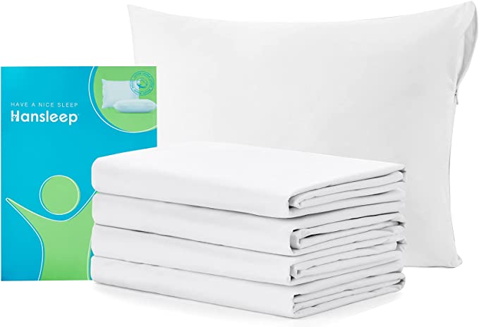 Hansleep Cotton Pillow Protectors with Zipper Standard Size, 4 Pack Bed Pillow Case Cover with Zipper, Breathable Pillow Case Protector Set of 4, 20 x 26 inches, White