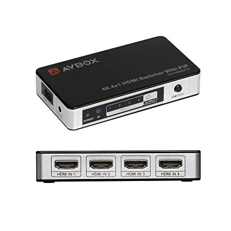 AVBOX HDMI Switch 4x1,Premium 4K x 2K 4 Ports HDMI Switch Box with IR Remote and PIP Function,Support Full 3D and 1080P,with AC Power adapter