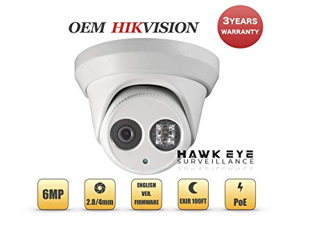6MP PoE Security IP Camera - Compatible with Hikvision DS-2CD2363G0-I Outdoor Turret EXIR Night Vision 2.8mm Fixed Lens H.265  3 Year Warranty