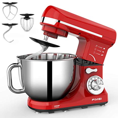 FIMEI Stand Mixer, Dough Mixer 1000W, 6 Speeds Dough Maker Dough Blender, 5L Bowl with Anti-Oil Cover, Splash Guard (Dough Hook and Beater with Ceramic Glaze, Whisk), Noise 75 db, Anti-Slip (red)