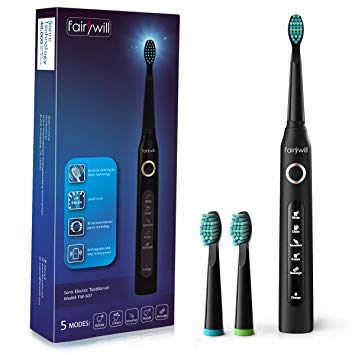 Sonic Toothbrush, Fairywill Electric Toothbrush Clean Teeth Like a Dentist Rechargeable 4 Hours Charge Minimum 30 Days Use 5 Optional Modes Waterproof Fully Washable 3 Replacement Heads Black(FW-507)