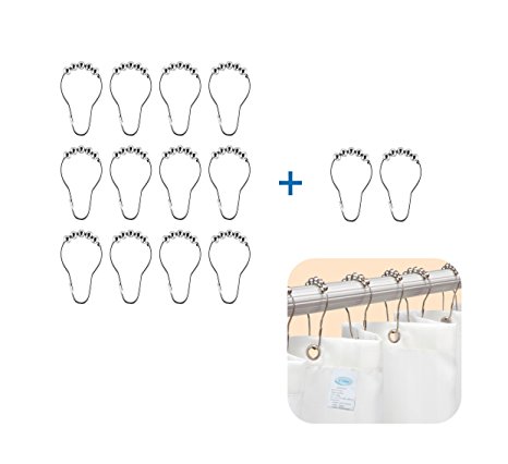Heavy Duty Bathroom Brushed Nickel Shower Curtain Hooks Set (14 Sliding Stainless Steel Rings) for Standard or Extra Wide Fabric/Peva Liner and Long Adjustable or Curved Rod
