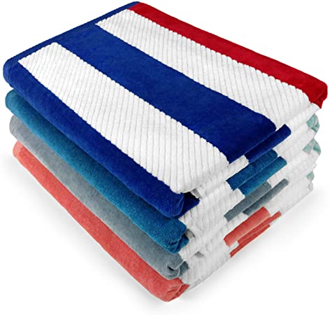 Kaufman - Multicolor Oversized Plush Premium Velour Texture Cabana Stripe Beach Towel 4-Pack, 32in x 62in, 100% USA Cotton.