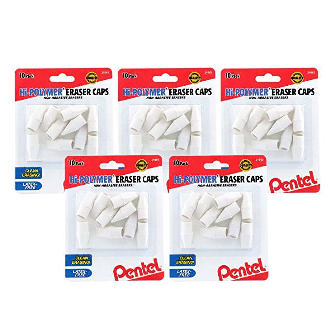 Pentel Hi-Polymer Non-Abrasive Latex-Free Eraser Caps, White, Pack of 50 (Bundle)