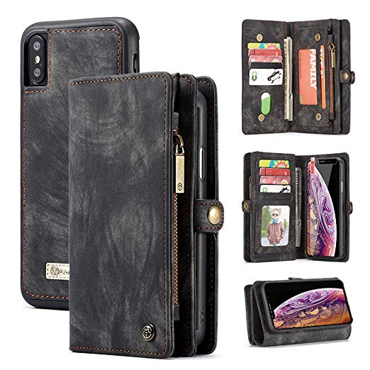 iPhone Xs Max Wallet Case,2 in 1 Leather Zipper Detachable Magnetic 11 Card Slots Card Slots Money Pocket Clutch Cover for 6.5 Inch iPhone Case -Black