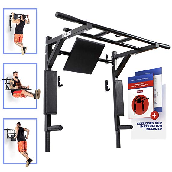 Wall Mounted Pull Up Bar and Dip Station with Vertical Knee Raise Indoor Home Exercise Equipment for Men Woman and Kids Great for Workout and Fitness