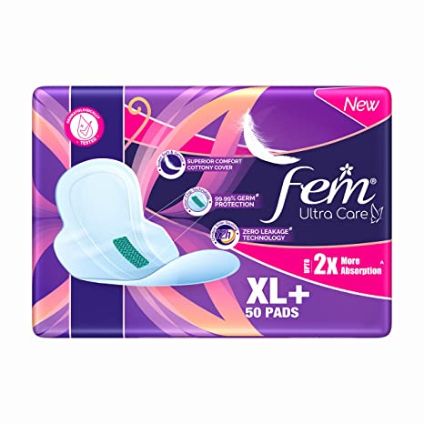 Fem Ultra Care Sanitary Pads for Women - XL+(Pack of 50) with wings| 2X higher absorption technology | Zero leakage up to 12 hours | Dermatologically tested |99.99% germ protection