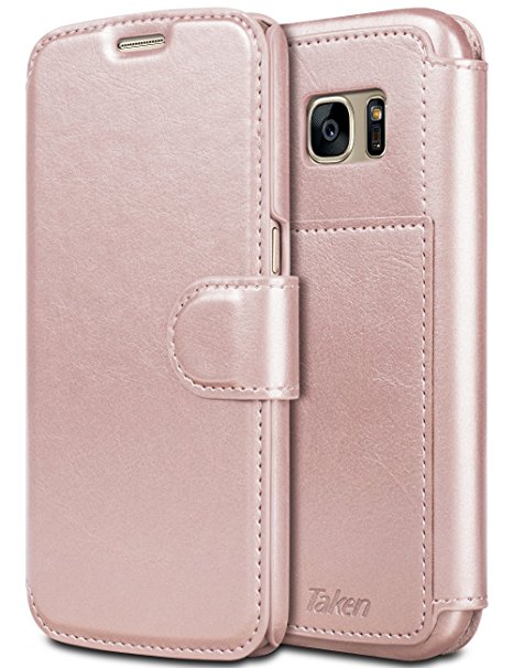 Taken S7 edge Wallet Case - galaxy S7 edge Case Pu Leather - Card Slot - Ultra Slim for Samsung Galaxy S7 Edge (Rose Gold)
