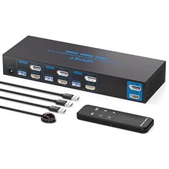 HDMI Displayport KVM Switch 2 Monitors 3 Computers 4K60Hz USB3.0 KVM Switch with 4 USB Ports for 3 Computers Share 2 Monitors and 4 USB Devices Support of Extended&Copy Mode with 3 USB Cables