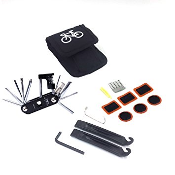 WOTOW Bike Repair Set Bag Bicycle Multi Function 16 in 1 Tool Kit Hex Key Wrench Tire Patch Lever (No Glue Included)
