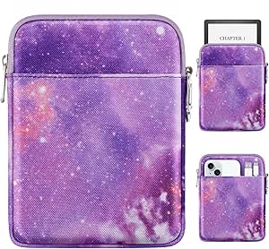 MoKo Padded Ereader Sleeve Case for 6-7 inch Ereader Tablet Bag Protective Cover Pouch with a Carabiner, Purple Starry Sky