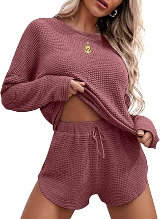 Ekouaer Womens Waffle Knit Pajama Sets Long Sleeve Top and Shorts Matching Lounge Set Loungewear Sweatsuit with Pockets