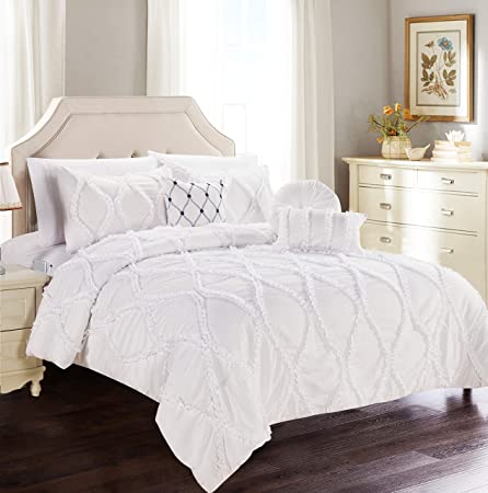 Elegant Comfort Luxury Best, Softest, Coziest 10-Piece Bed-in-a-Bag Infinity Design Comforter Set, Includes Bed Sheet Set with Double Sided Storage Pockets and Decorative Pillows, Full/Queen, White