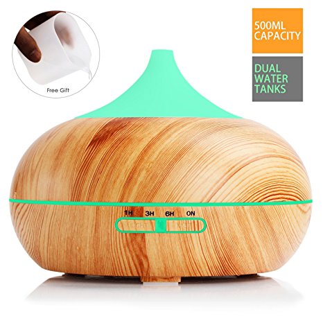 MOSPRO 500ml Essential Oil Diffuser, with 2 Water Tanks Wood Grain 7 Color LEDs Waterless Auto Shut-Off 12H Continuous Humidifying, Free Measuring Cup Included