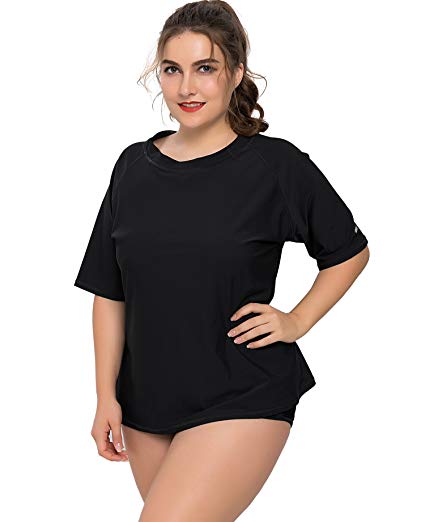 ATTRACO Women Rashguard Plus Size Short Sleeve Swimsuit Top Sun Protective UV Shirt