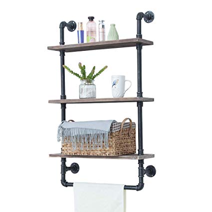 Industrial Bathroom Shelves Wall Mounted 3 Tiered,Rustic 24in Pipe Shelving Wood Shelf With Towel Bar,Black Farmhouse Towel Rack,Metal Floating Shelves Towel Holder,Iron Distressed Shelf Over Toilet