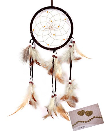 BSLINO Dream Catchers Brown Handmade Beaded Feather Native American Dreamcatcher Circular Net For Car Kids Bed Room Wall Hanging Decoration Decor Ornament Craft, Dia 4.33inch/11cm Length 48cm/18.9inch