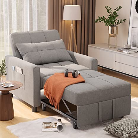 Convertible Sleeper Sofa Chair Bed, 3-in-1 Single Convertible Chair Bed, Adjustable Chair with Pillow and Pocket, Multi-Functional Sleeper Chair with Modern Linen Fabric for Apartment, Light Gray