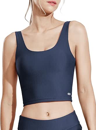 MIER Women’s Crop Tank Longline Workout Sports Bra Sleeveless Padded Athletic Yoga Running Top with Built in Bra, Square Neck