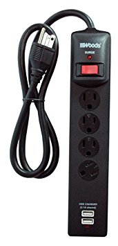 Woods 041302 Dual USB Charger 4-Outlet Surge Protector Powerstrip, 800-Joules of Protection, 3-Foot Cord