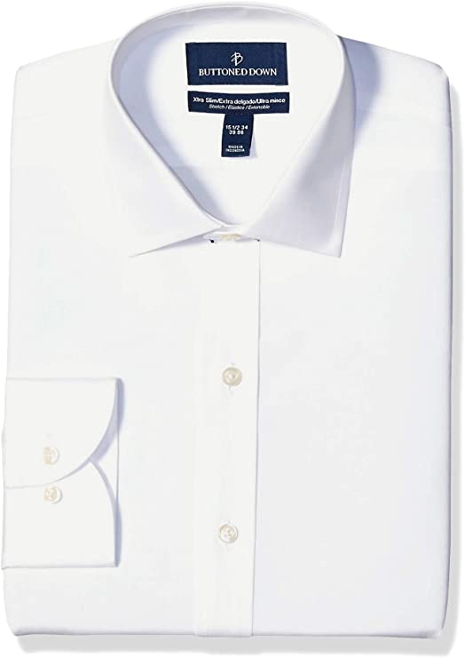 Buttoned Down Men's Xtra-Slim Fit Stretch Poplin Dress Shirt, Supima Cotton Non-Iron, Spread-Collar