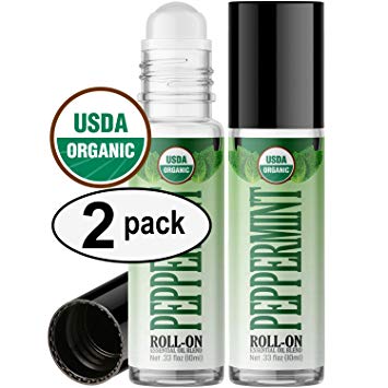 Organic Peppermint Roll On Essential Oil RollerBall (2 PACK - USDA CERTIFIED ORGANIC) Pre-diluted with Glass Roller Ball for Aromatherapy, Kids, Children, Adults Topical Skin Application - 10ml Bottle