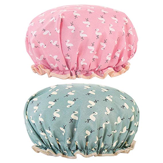 2 Packs Elastic Band Bath Caps Double Layers Shower Caps With Ruffled Edge Covering Ears Keeping Hair Dry Fitting Perfectly on Head for Girls and Women