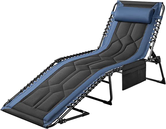 Flamaker Folding Chaise Lounge Outdoor Portable Lounge Chairs 4-Position Adjustable Camping Lounge Chair with Pillow & Side Bag Lightweight Recliner Sunbathing Chair for Pool Beach Deck (Blue)