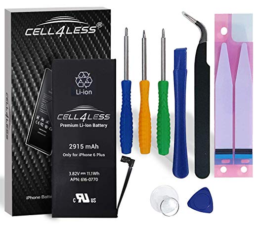 CELL4LESS Battery Replacement Kit for iPhone 6 Plus A1522 & A1524-2915 mAh, 3.82V, 11.1 WHR w/Assembly Tools & Adhesive Pull Strips [2 Year Warranty] (i6Plus 2915 mAh)