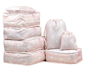 Vercord 8 Pcs Packing Cubes Pods Travel Luggage Suitcase Organizer & Shoes Laundry Bags, Pink Alpaca