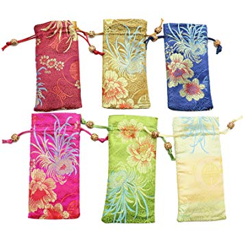 JETEHO Silk Brocade Pouch Bags, 6pcs Embossed Chinese Bead Drawstring Eyeglass Case Gift Bag