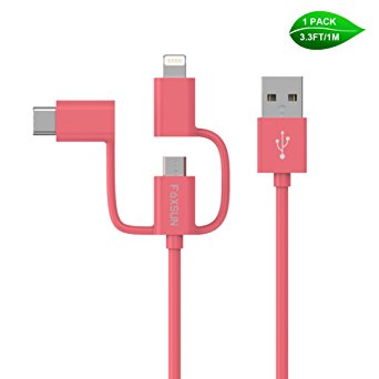 Foxsun Multi USB Charging Cable,3.3 ft/1m 3 in 1 Mutiple USB Charger Cable with 8Pin Lightning /USB Type C/Micro USB Connector for iPhone, Samsung, LG, Nexus Smartphones and More-MFI Certified-Pink