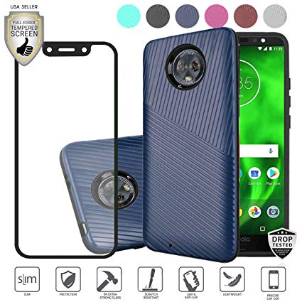 MyFavCell Compatible for Moto G7 Optimo, G7 Play, Revvlry 5.7" Case with [Full Tempered Glass Protector], Tough Armor Shield Textured Lined Dual Layer [Shockproof] Hard TPU Cover (Blue)