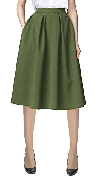 Urban CoCo Women's Flared A Line Pocket Skirt High Waist Pleated Midi Skirt