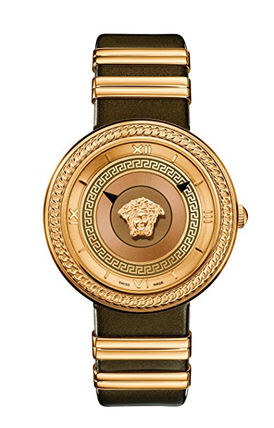 Versace Women's 'V-Metal Icon' Swiss Quartz Stainless Steel and Leather Casual Watch, Color:Brown (Model: VLC130016)