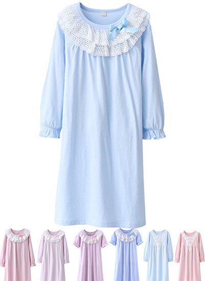 Abalaco Girls Kids Princess Lace Bowknot Nightgown Long Sleeve Cotton Sleepwear Dress Pretty Homewear Dress