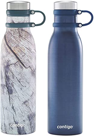 Contigo Thermalock Vacuum Insulated Stainless Steel Water Bottle, 20oz - BPA Free Water Bottle with Tethered Lid and Polished Look and Keeps Drinks Hot or Cold - Time Worn/Blueberry, 2 Pack