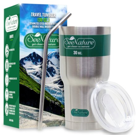 Stainless Steel Tumbler, Lid & Straw Set by SeeNature - 30 oz, Double Walled, Vacuum Insulated - For Coffee, Tea, Travel & Home