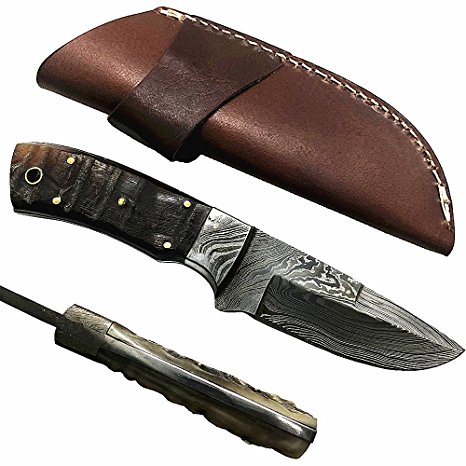 Yooyo Handmade Damascus Knife- Decorative Knives, Camping Survival Knife, and Hunting Knife with Exquisite OX Horn Handle, Sharp Blade with Leather Sheath