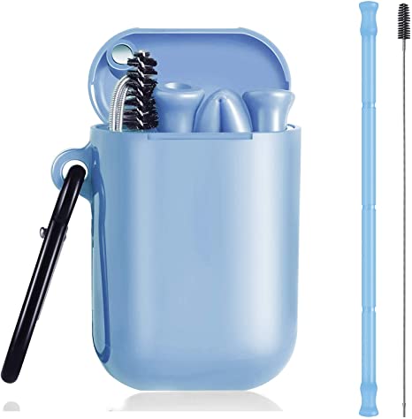 ALINK Collapsible Reusable Silicone Straws, Long Portable Flexible Drinking Straw With Carrying Case and Cleaning Brush - Light Blue