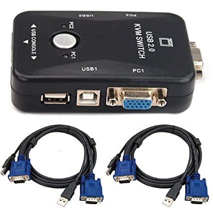 ElectroBot 2 Port USB 2.0 Plus KVM Switch Box with 2 VGA USB Cables to Control up to 2 Computers for Computer Sharing Video Mouse Keyboard Monitor