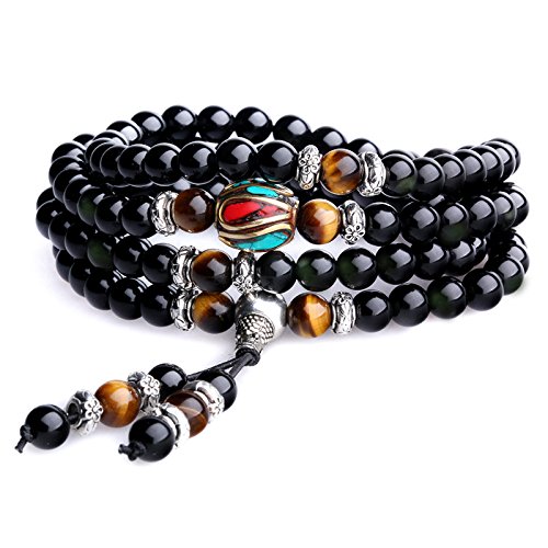 AmorWing Unique Gift Multilayer Tiger Eye and Obsidian Malas Prayer Beads Bracelet
