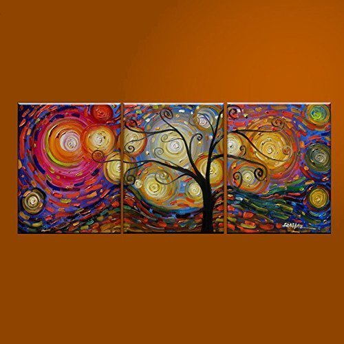 Ode-Rin Art - 100% Hand Painted Town Night 3 Pieces Wall Art Landscape Framed Oil Painting for Living Room Home Decor, Ready to Hang - (16"x24" x 3 Panels)