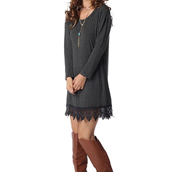 Levaca Women's Long Sleeve Tunic Lace Hemline Casual Loose T Shirt Dress