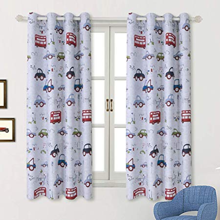 BGment Kids Blackout Curtains - Grommet Thermal Insulated Room Darkening Printed Car Bus Patterns Nursery and Kids Bedroom Curtains, Set of 2 Curtain Panels (52 x 63 Inch, Greyish White)
